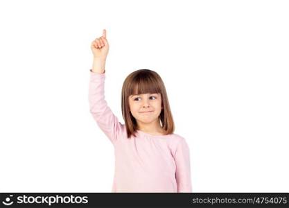 Small happy girl raising the hand to ask something isolated on a white background
