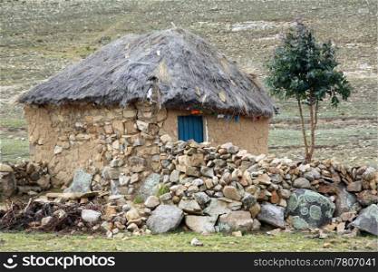Small house and tree on the island Isla del Sol, Bolivia