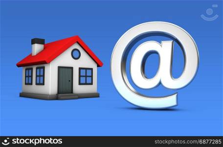Small house model icon and at symbol online property and real estate agency concept 3D illustration on blue background.
