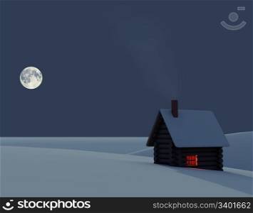 Small house surrounded with snow in the nighttime