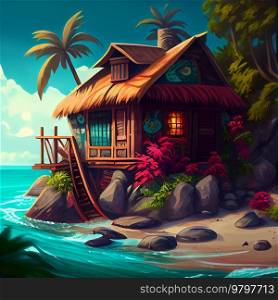 Small hut on a tropical island among palm trees. 