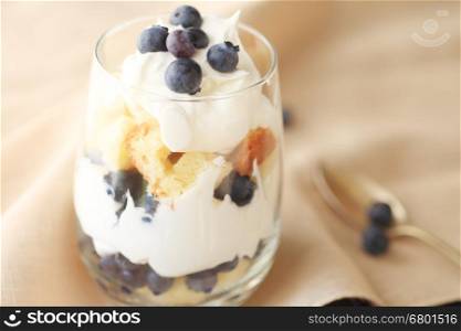 Small, individual trifle dessert made with fresh blueberries, whipped cream and pound cake