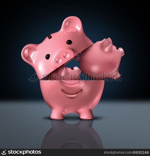 Small investor financial concept or young little investing as tiny piggy banks coming out of the bigger bank as a wealth building metaphor 3D render.