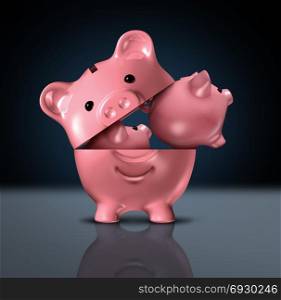 Small investor financial concept or young little investing as tiny piggy banks coming out of the bigger bank as a wealth building metaphor 3D render.