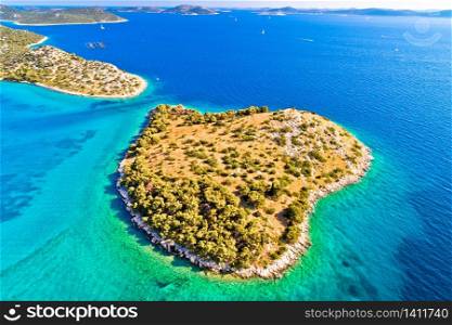 Small island in archipelago of Croatia aerial view, Kornati islands national park