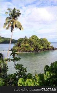 Small island in the bay and palm trees on the coast in Upolu, Samoa