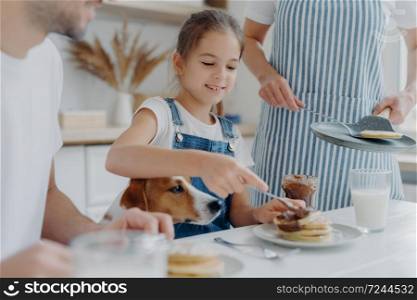 Small kid, her father and dog sit together at kitchen table, eat freshly prepared pancakes, mother in apron stands near holds pan. Family appetizing tasty desset at kitchen. Cooking, nutrition concept