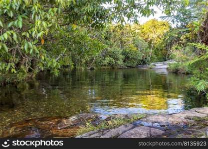 Small lake and stream with transparent water between the rainforest vegetation in Carrancas, Minas Gerais, Brazil. Small lake and stream with clear water in forest