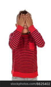 Small latin child covering their eyes isolated on a white background
