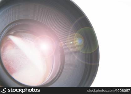 small lens with flare on white background close-up space for text.. small lens with flare on white background close-up space for text