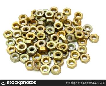 Small metal nuts on a white background a structure