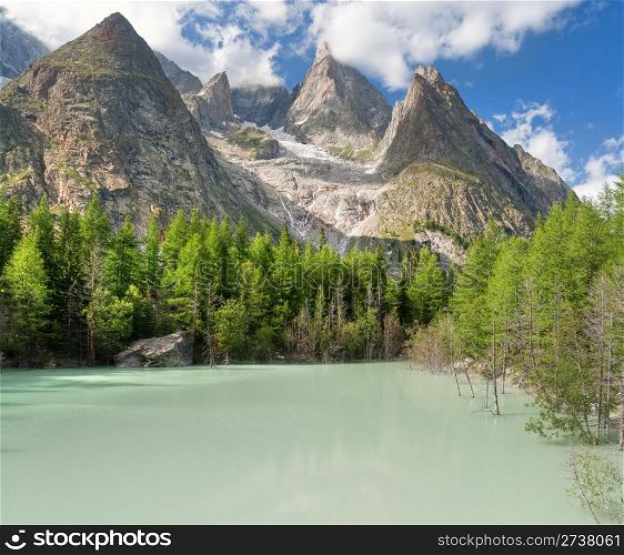small morainic lake in Mont Blanc massif near Courmayeur, Italy. Image slightly processed with hdr technique