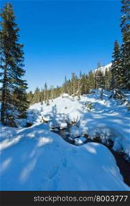 Small mountain stream with fir forest on winter snowy rocky slope.