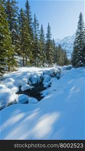 Small mountain stream with snow drifts at the edges