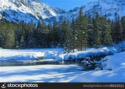 Small mountain stream with snow drifts at the edges and fir forest.