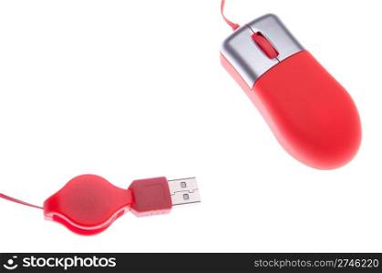 small orange computer mouse with USB port (isolated on white background)