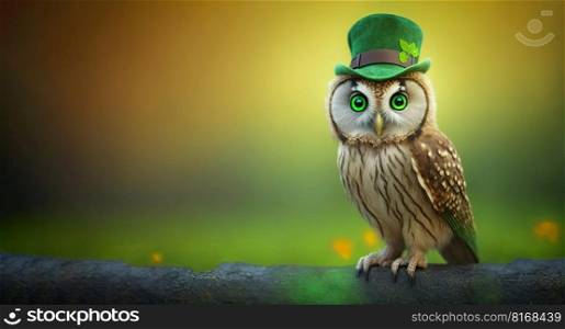 Small owl with green hat celebrating Saint Patrick Day on a blurred background. Generative AI