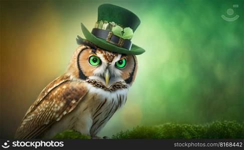 Small owl with green hat celebrating Saint Patrick Day on a blurred background. Generative AI
