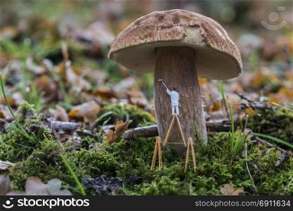 small painter figure painting the mushroom in the forest