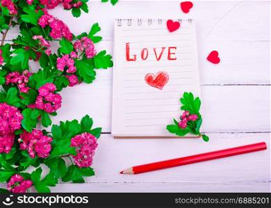 small paper notebook with love letter and red heart, side view flowering branch of hawthorn with pink flowers, top view