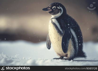 Small penguin. Standing on snow. Generative AI.. Small penguin. Standing on snow. Generative AI