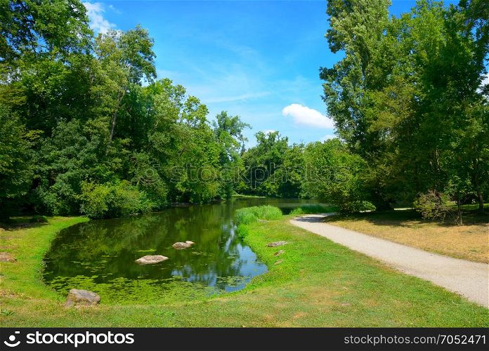 Small picturesque lake in city park and a bright blue sky.