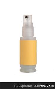 Small plastic spray bottle with yellow label on white background