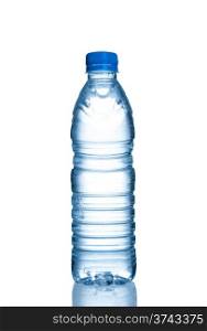 Small plastic water bottle on white background