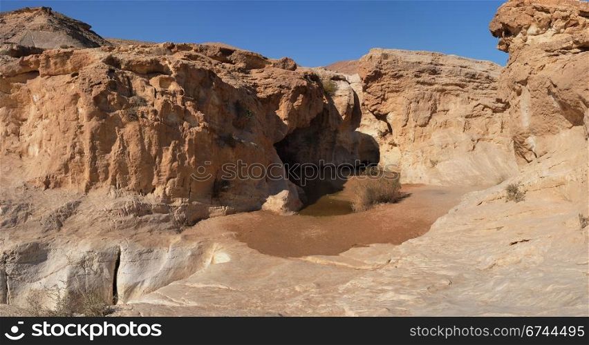 Small pond in desert canyon in Negev desert, Israel
