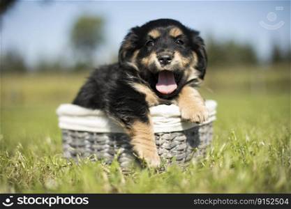 Small puppies in a wicker basket