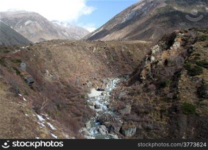 Small river and mountain near Samdo in Nepal
