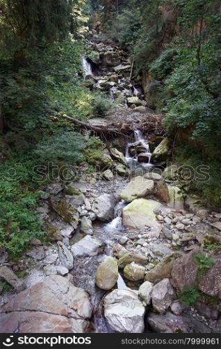 Small river in ravine in the forest in Switzerland