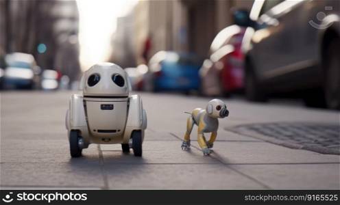 small robot dog walks along the city street generative ai.