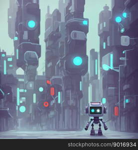 Small robot walking empty streets under tall buildings of futuristic city. Generative AI illustration.