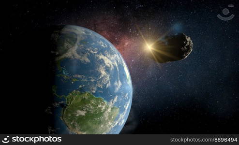 Small rock asteroid passing very close to planet Earth with the sun shining in the background. 3D Illustration. Rock asteroid passing close to planet Earth with the sun shining in the background. 3D Illustration