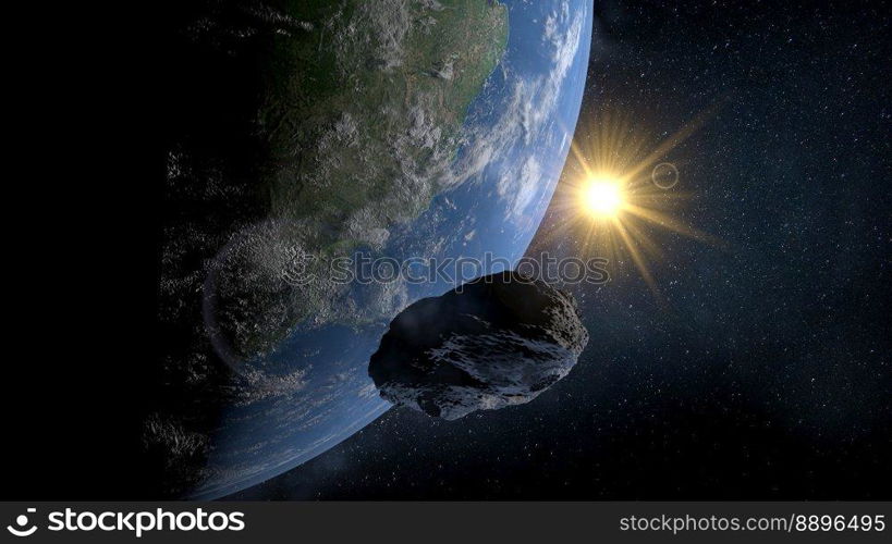 Small rock asteroid passing very close to planet Earth with the sun shining in the background. 3D Illustration. Rock asteroid passing close to planet Earth with the sun shining in the background. 3D Illustration