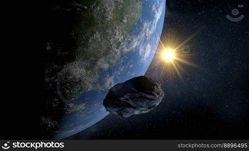 Small rock asteroid passing very close to planet Earth with the sun shining in the background. 3D Illustration. Rock asteroid passing close to planet Earth with the sun shining in the background. 3D Illustration