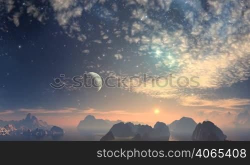 Small rocky islands are among the water. Above the horizon gloomy pink mist. In the distant setting sun. In the vast sky, twinkling stars and nebulae. Blue planet (moon) is half in the shade. Scattered clouds slowly float.