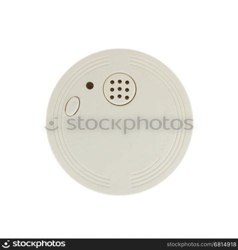 Small round battery operated device to warn residents of fire, isolated on white