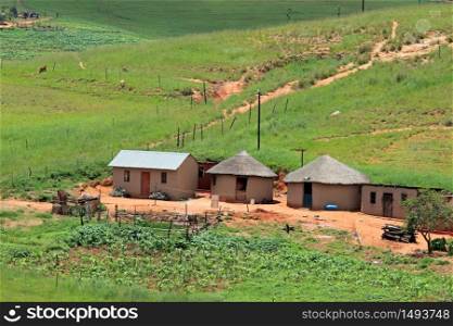 Small rural settlement in mountainous grassland, KwaZulu-Natal, South Africa