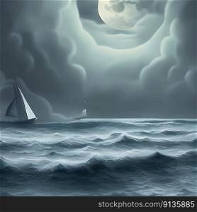 Small sail boat alone  in a  stormy sea  under  the moon light. AI generated