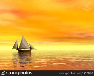Small sailboat floating on quiet water by orange sunset. Small sailboat - 3D Render