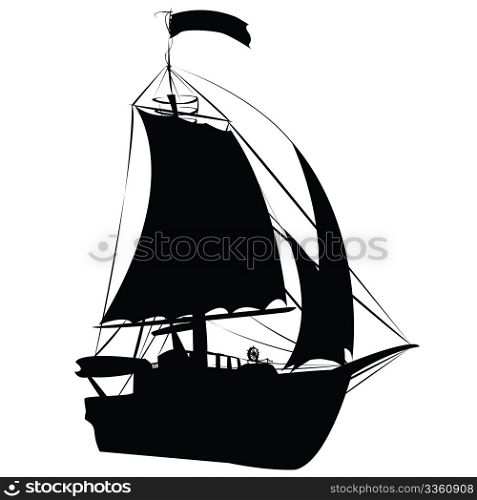 Small sailing ship silhouette isolated on white background, perspective draw design