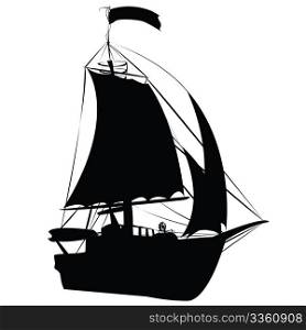 Small sailing ship silhouette isolated on white background, perspective draw design