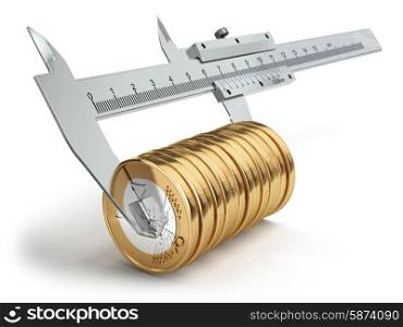 Small salary concept. Caliper measuring coins euro. 3d