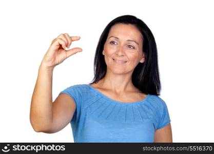 Small size. Adorable woman making signal isolated on a over white background