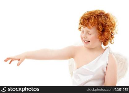 Small smiling boy in an image of the cupid, isolated