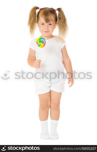 Small smiling girl with lollipop isolated