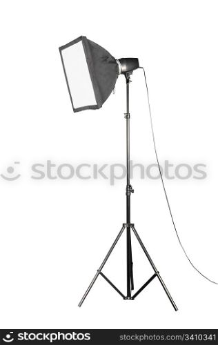Small softbox 45cm X 45cm and portable studio flash isolated over white background