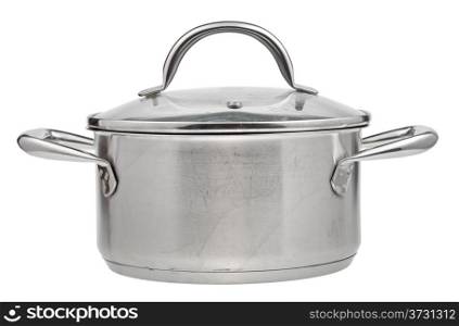small stainless steel saucepan covered by glass lid isolated on white background